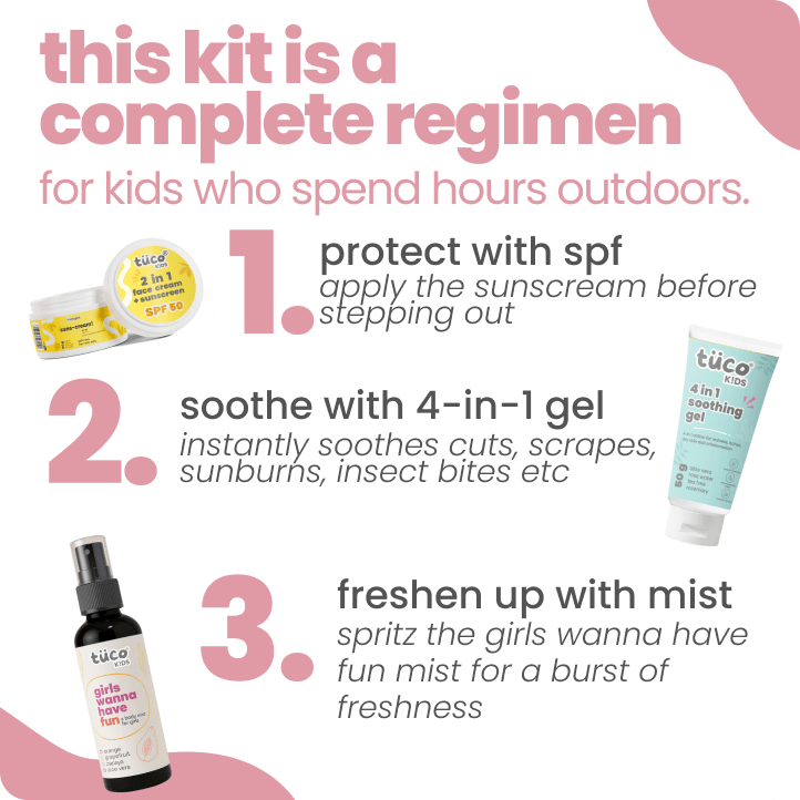 Tuco Kids girls outdoor skincare routine – protect with SPF 50, soothe with 4-in-1 gel, freshen with body mist