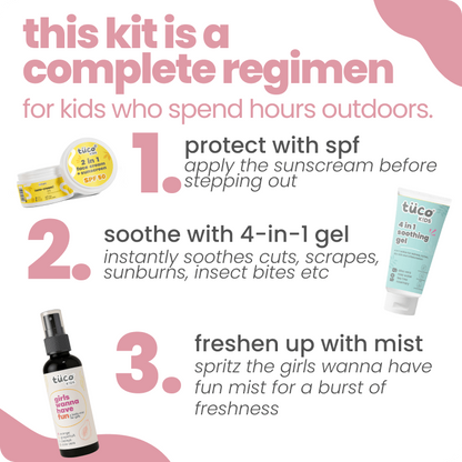 Tuco Kids girls outdoor skincare routine – protect with SPF 50, soothe with 4-in-1 gel, freshen with body mist