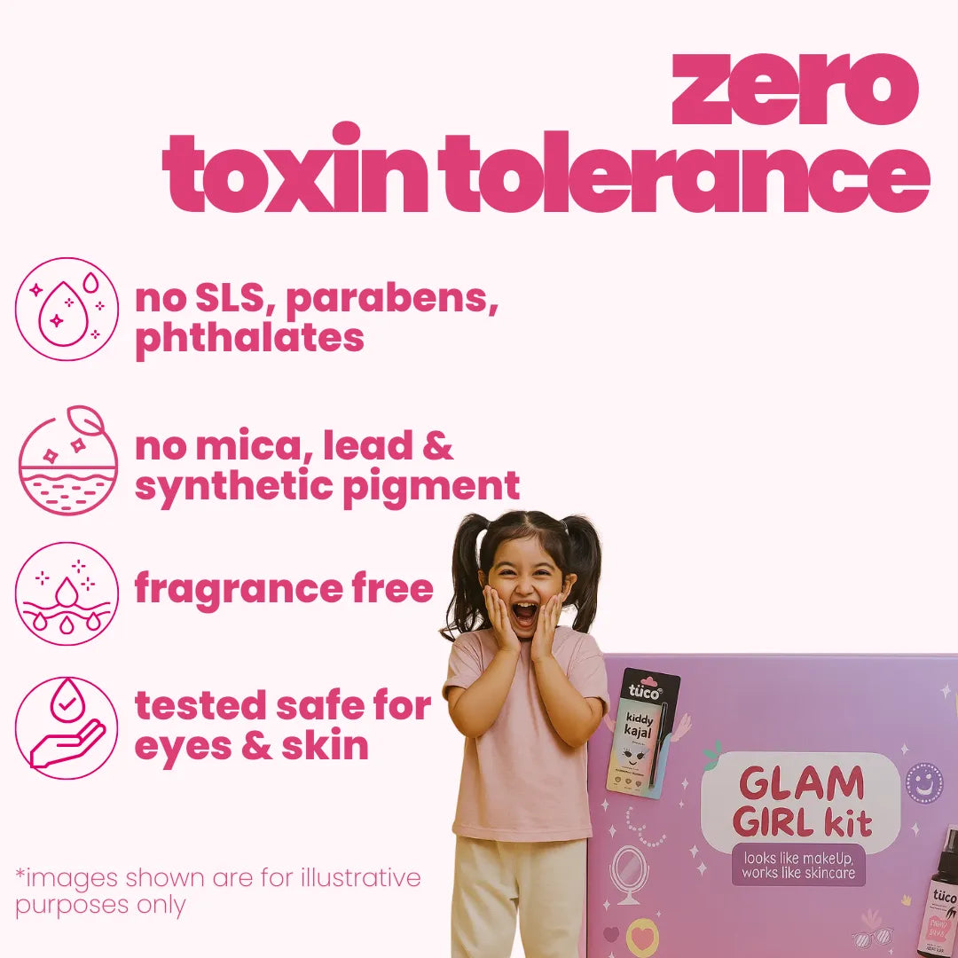 Tuco Kids Glam Girl Kit zero toxin tolerance – no SLS, parabens, phthalates, mica, lead or synthetic pigments, fragrance free, safe for eyes and skin