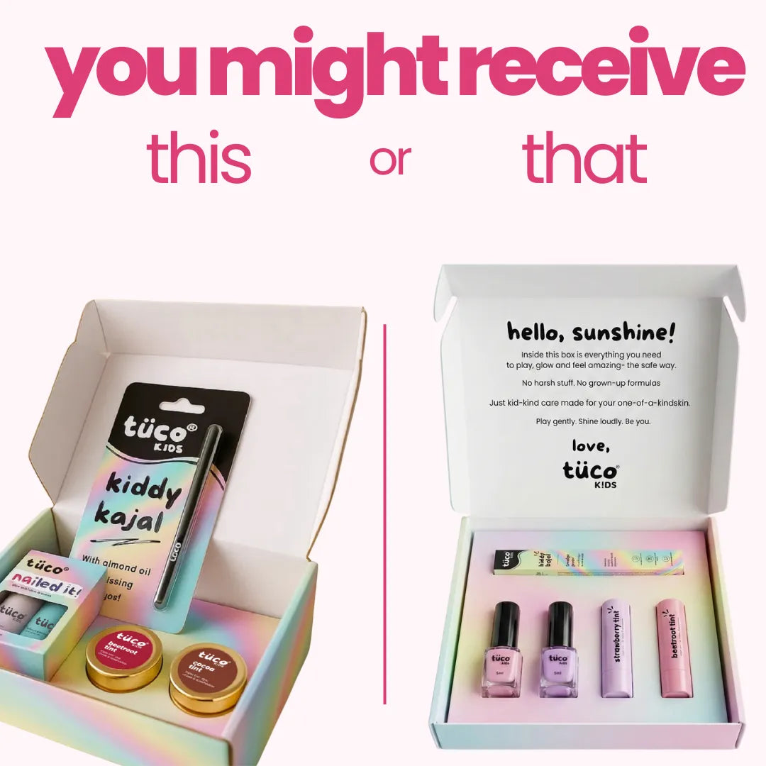 Tuco Kids Glam Makeup Kit two packaging versions – old box with tins and new box with tubes, same safe natural makeup inside