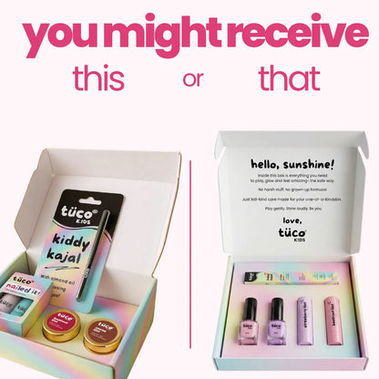 Tuco Kids Glam Makeup Kit two packaging versions – old box with tins and new box with tubes, same safe natural makeup inside