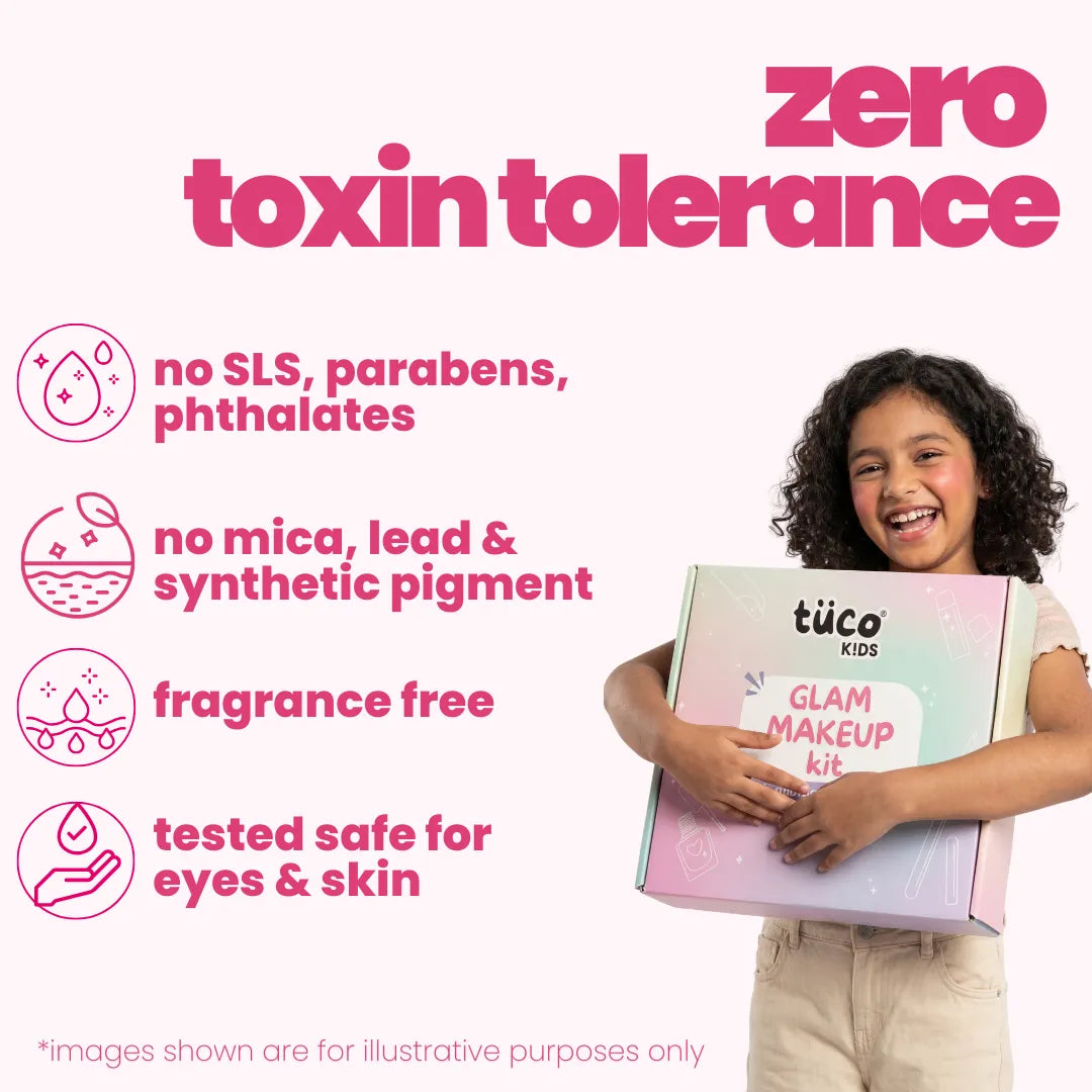 Tuco Kids Glam Makeup Kit zero toxin tolerance – no SLS, parabens, mica, lead, synthetic pigment, fragrance-free, tested safe for eyes