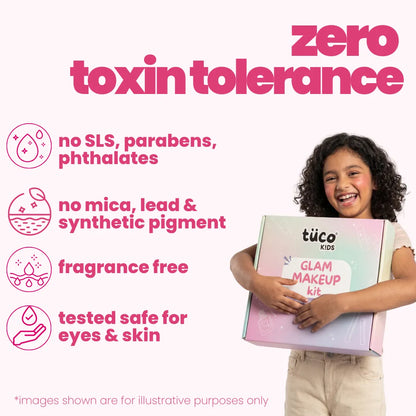 Tuco Kids Glam Makeup Kit zero toxin tolerance – no SLS, parabens, mica, lead, synthetic pigment, fragrance-free, tested safe for eyes