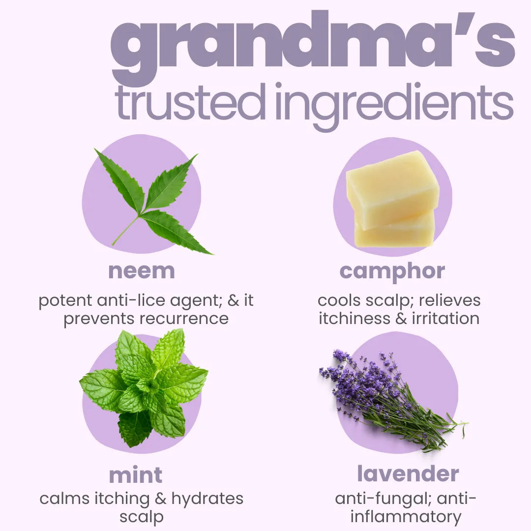 Grandma trusted ingredients in Tuco Kids anti-lice kit - neem, camphor, mint and lavender for kids scalp