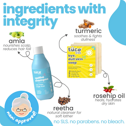 Grandma trusted ingredients in Tuco Kids bath kit - amla, reetha, turmeric, rosehip oil, no SLS or bleach
