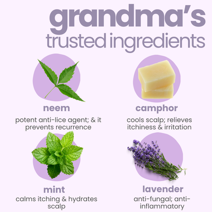 Grandma trusted ingredients in Tuco Kids lice shampoo - neem, camphor, mint and lavender for kids scalp