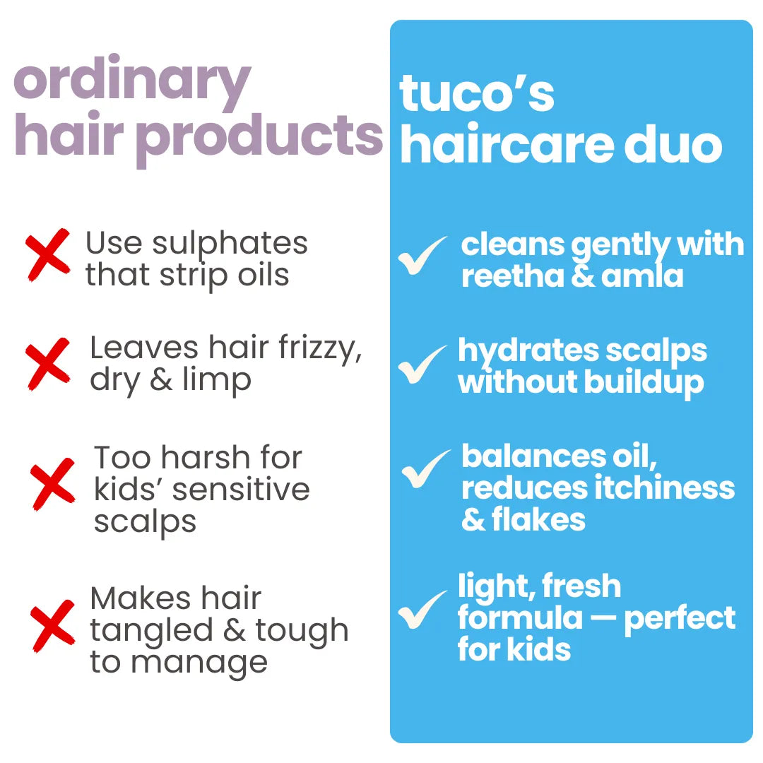 Tuco Kids haircare duo vs ordinary hair products – gentle reetha and amla cleansing, no sulphates or harsh chemicals for kids