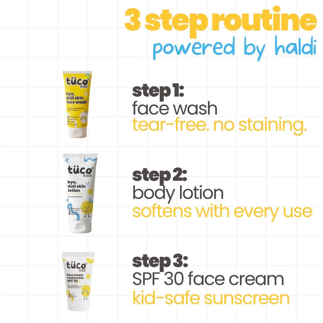 3-step haldi routine for kids – turmeric face wash, dull skin lotion and SPF 30 sunscreen – Tuco Kids