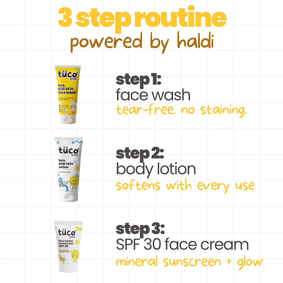 3-step haldi routine for kids – turmeric face wash, dull skin lotion and SPF 30 sunscreen – Tuco Kids