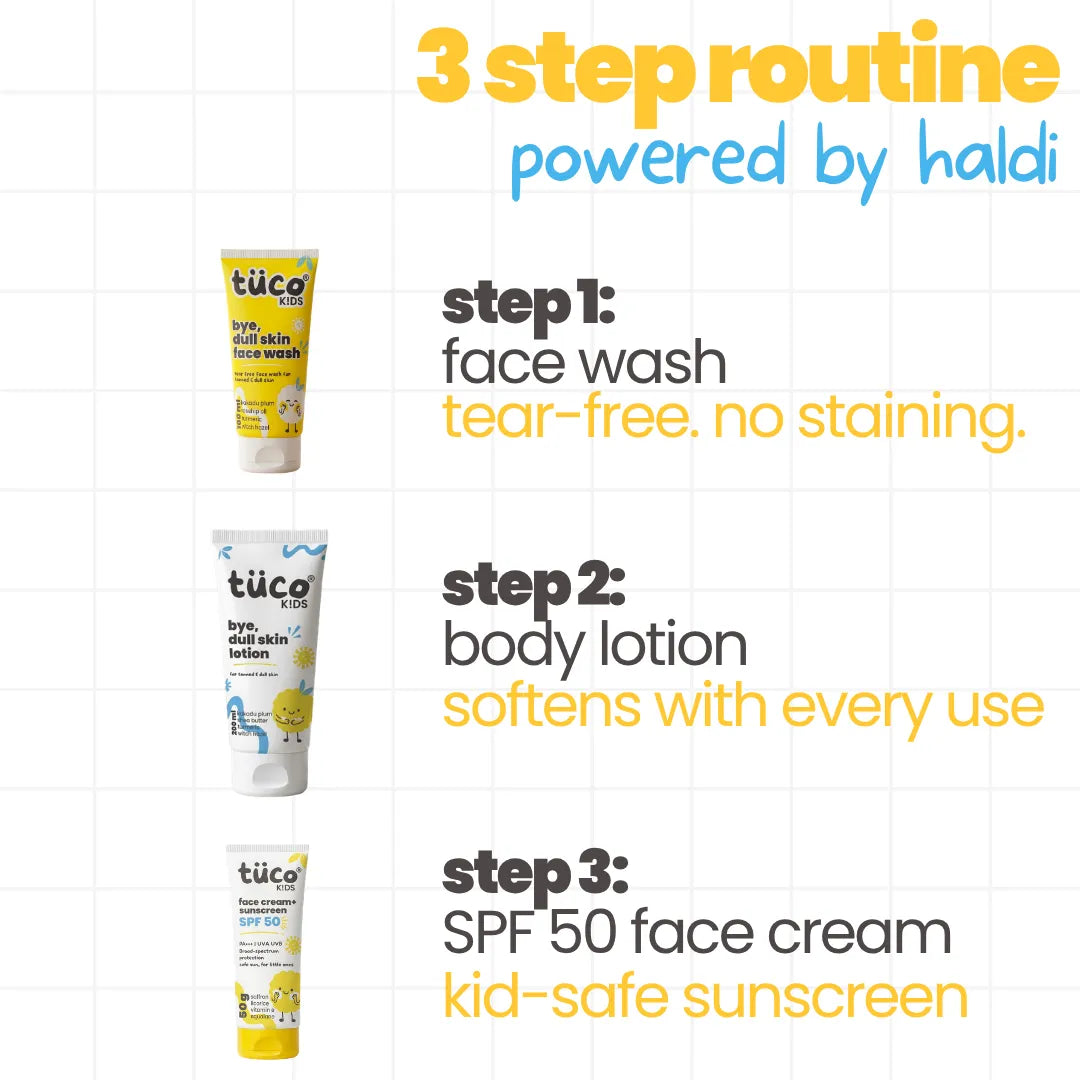 3-step haldi routine for kids – turmeric face wash, dull skin lotion and SPF 50 sunscreen – Tuco Kids