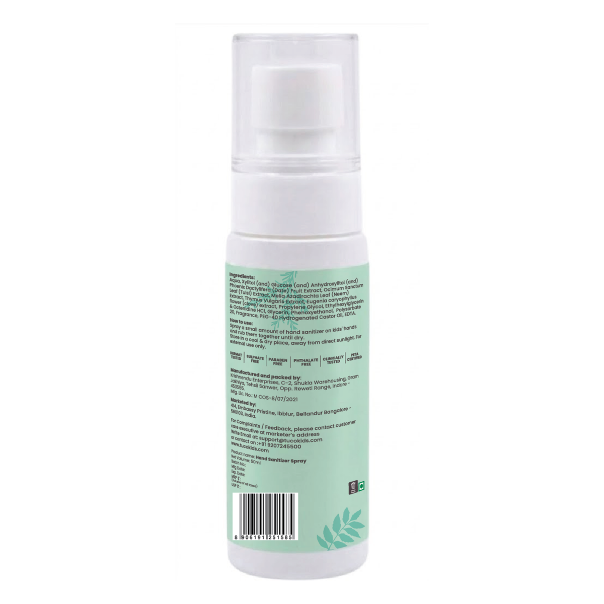 Alcohol Free Hand Sanitizer for Kids (50ml) — back of pack, ingredients & product details | Tuco Kids