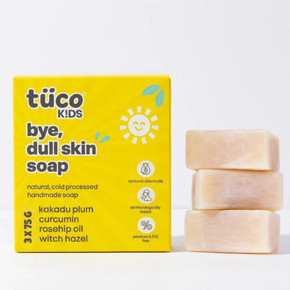 Handmade kids soap with turmeric and kakadu plum to gently cleanse and brighten dull, dry skin. Nourishing daily care soap bar for sensitive skin.