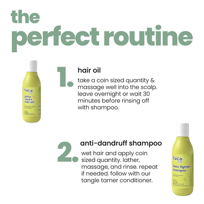 How to use Tuco Kids Bye Dandruff Kit – apply juicy locks hair oil overnight, follow with flake fighter anti-dandruff shampoo