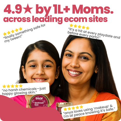 Mother and daughter with the beetroot tint, surrounded by positive reviews on a white background