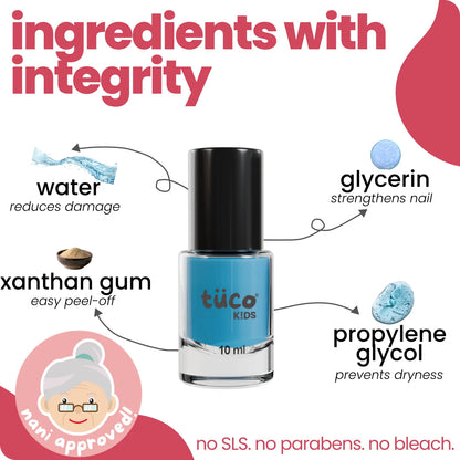 Ingredients in Tuco Kids glycerin nail paint for kids - water, glycerin, xanthan gum, no SLS, no bleach