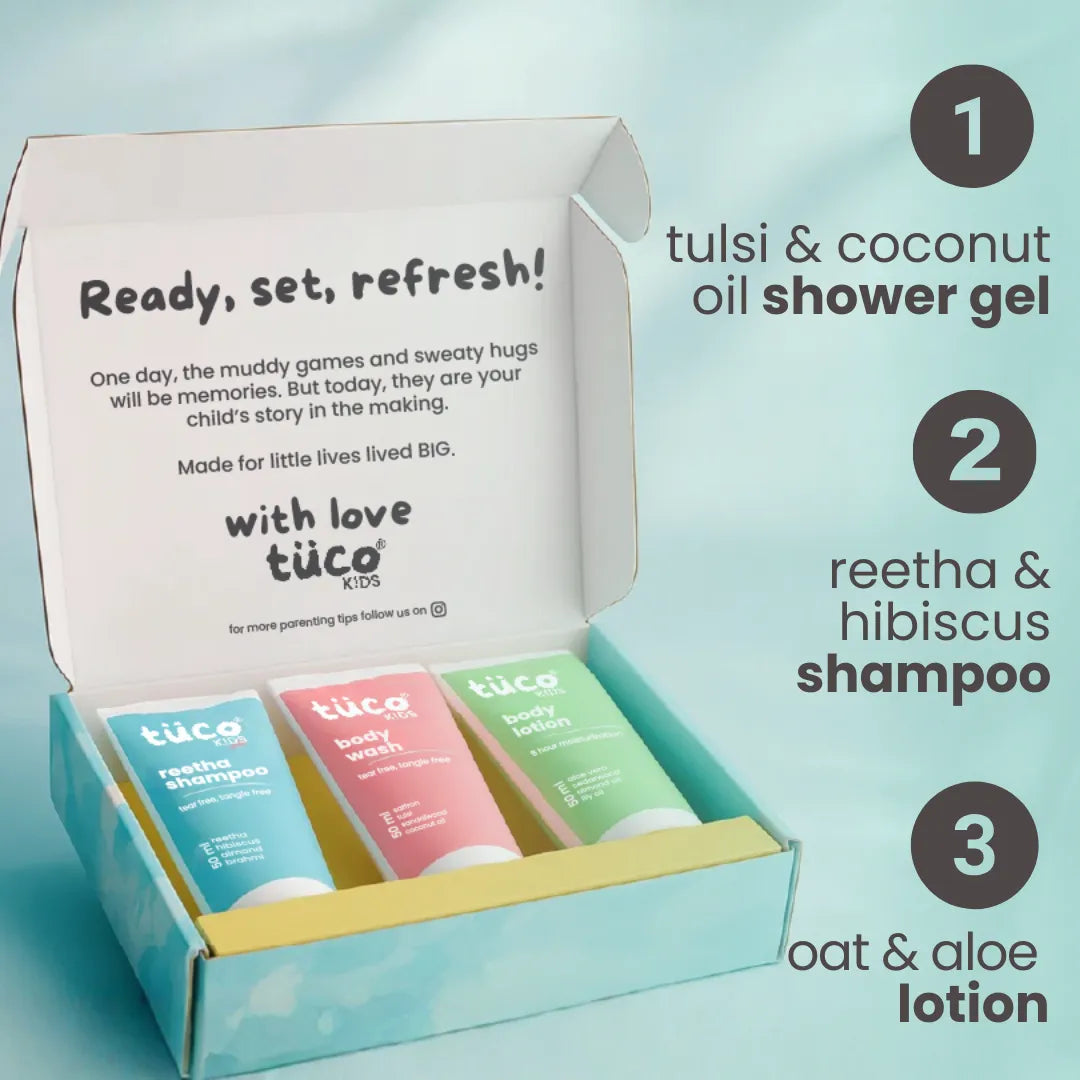 Inside Tuco Kids Aqua Fresh Kit - reetha kids shampoo, tulsi coconut kids body wash and oat aloe lotion gift set
