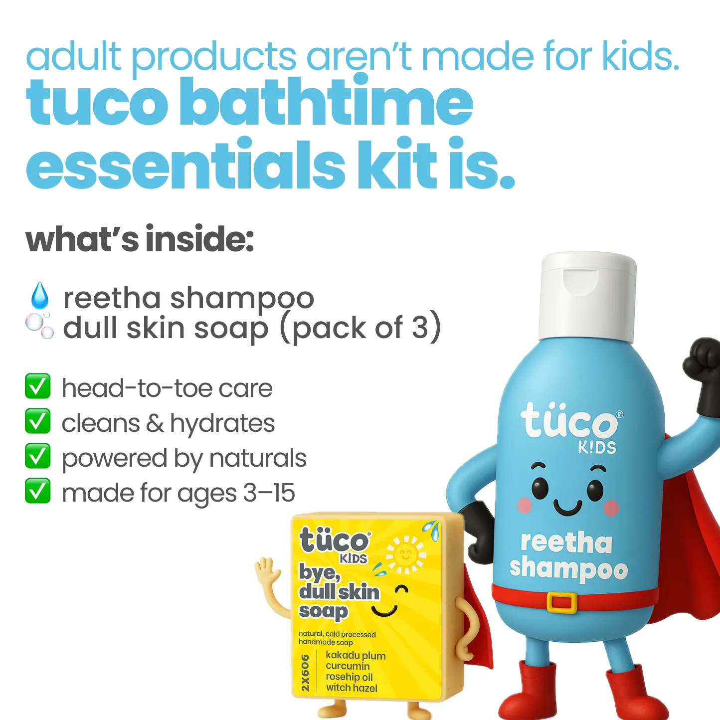 Inside Tuco Kids Bathtime Essentials Kit - reetha shampoo and dull skin soap for head-to-toe natural kids bath