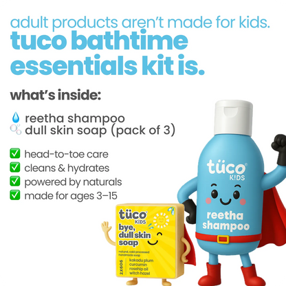 Inside Tuco Kids Bathtime Essentials Kit - reetha shampoo and dull skin soap for head-to-toe natural kids bath