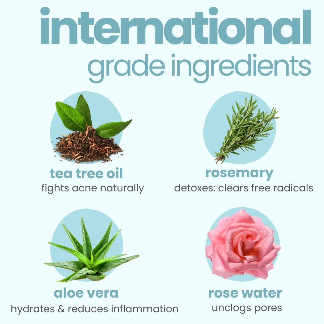International grade ingredients in Tuco Kids acne soothing gel - tea tree oil, rosemary, aloe vera and rose water