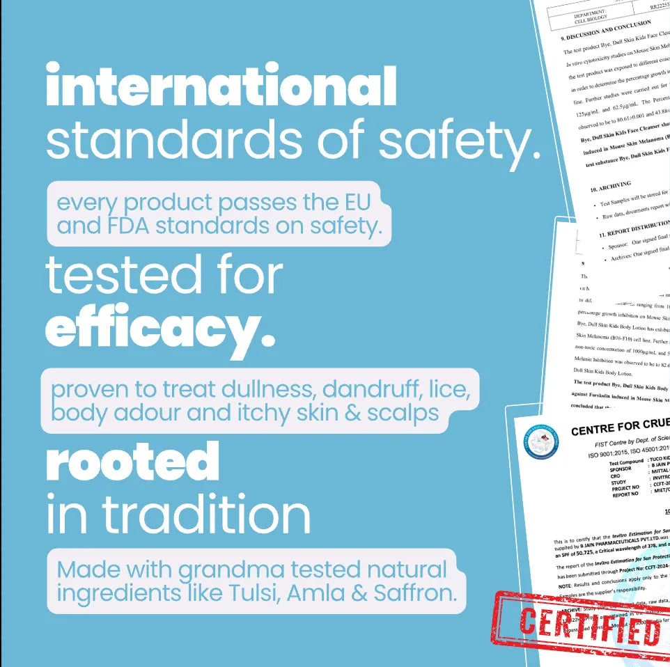 Product advertisement with text about safety, efficacy, and traditional ingredients on a blue background.