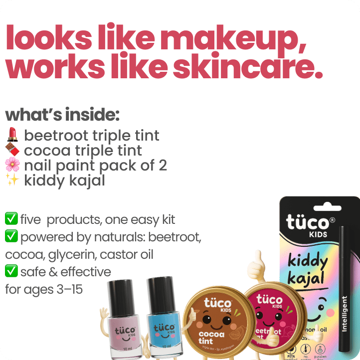 Advertisement for Tuco Kids Glam makeup  Kit with skincare products packaging displayed.