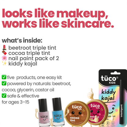 Advertisement for Tuco Kids Glam makeup  Kit with skincare products packaging displayed.