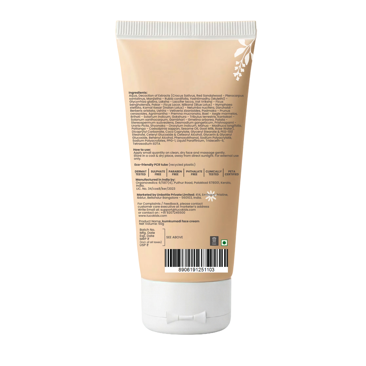 Kumkumadi Face Cream 50g — back of pack, ingredients & product details | Tuco Kids