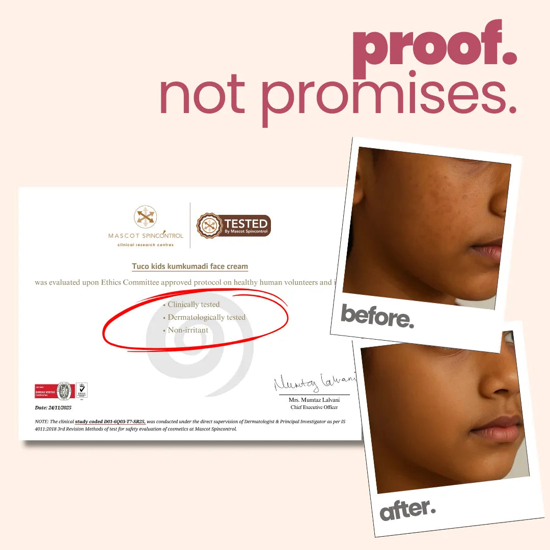 Kumkumadi Face Cream for Kids — dermatologically tested certificate with before and after | Tuco Kids
