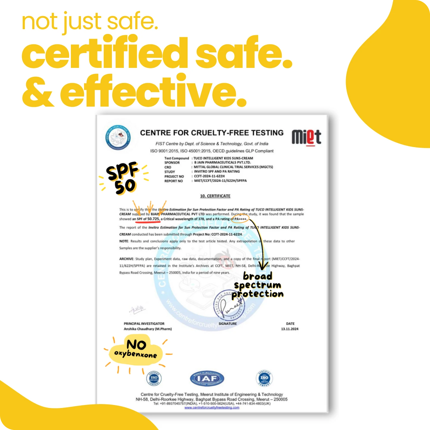 Certification label for a sunscreen product with SPF 50, featuring logos and text on a white background.