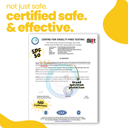 Certification label for a sunscreen product with SPF 50, featuring logos and text on a white background.