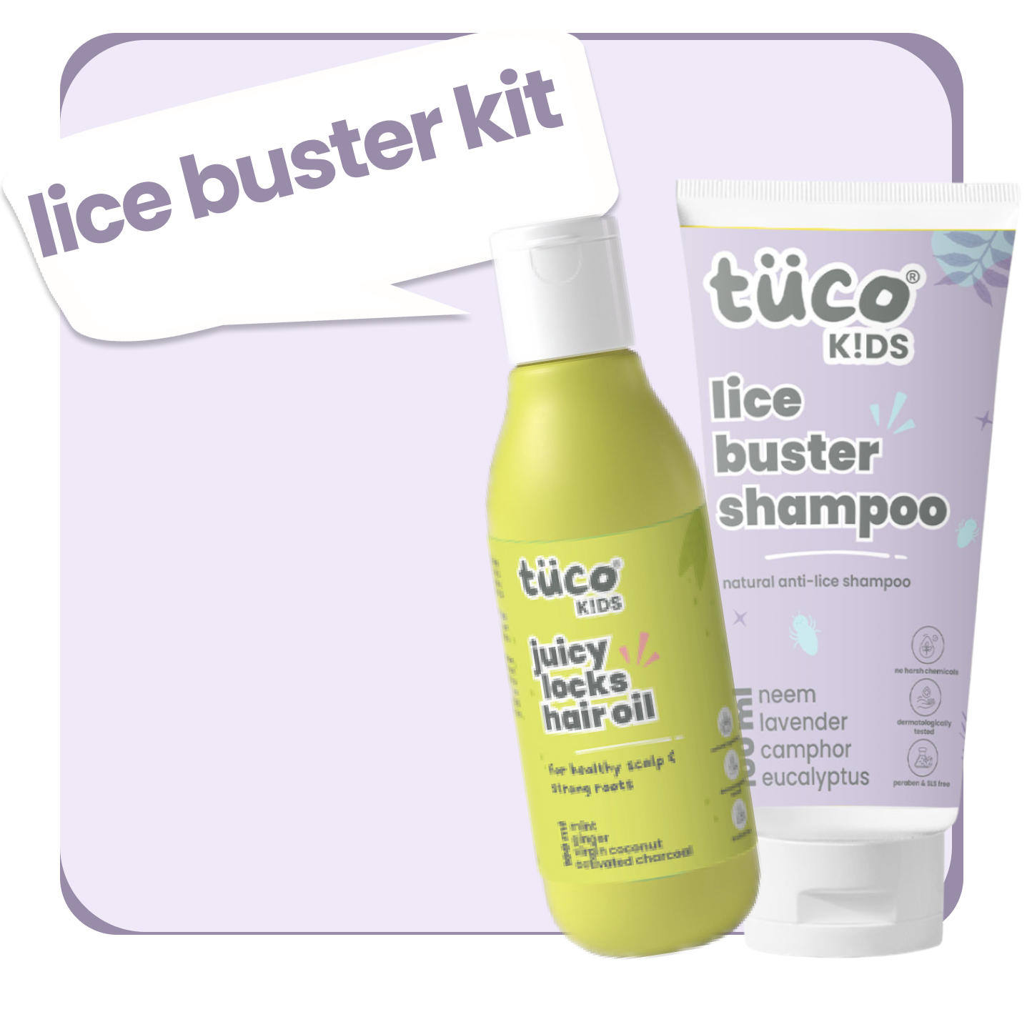 Tuco Kids Lice Buster Kit – juicy locks hair oil 100ml and lice buster shampoo 100ml with neem, lavender, camphor and eucalyptus