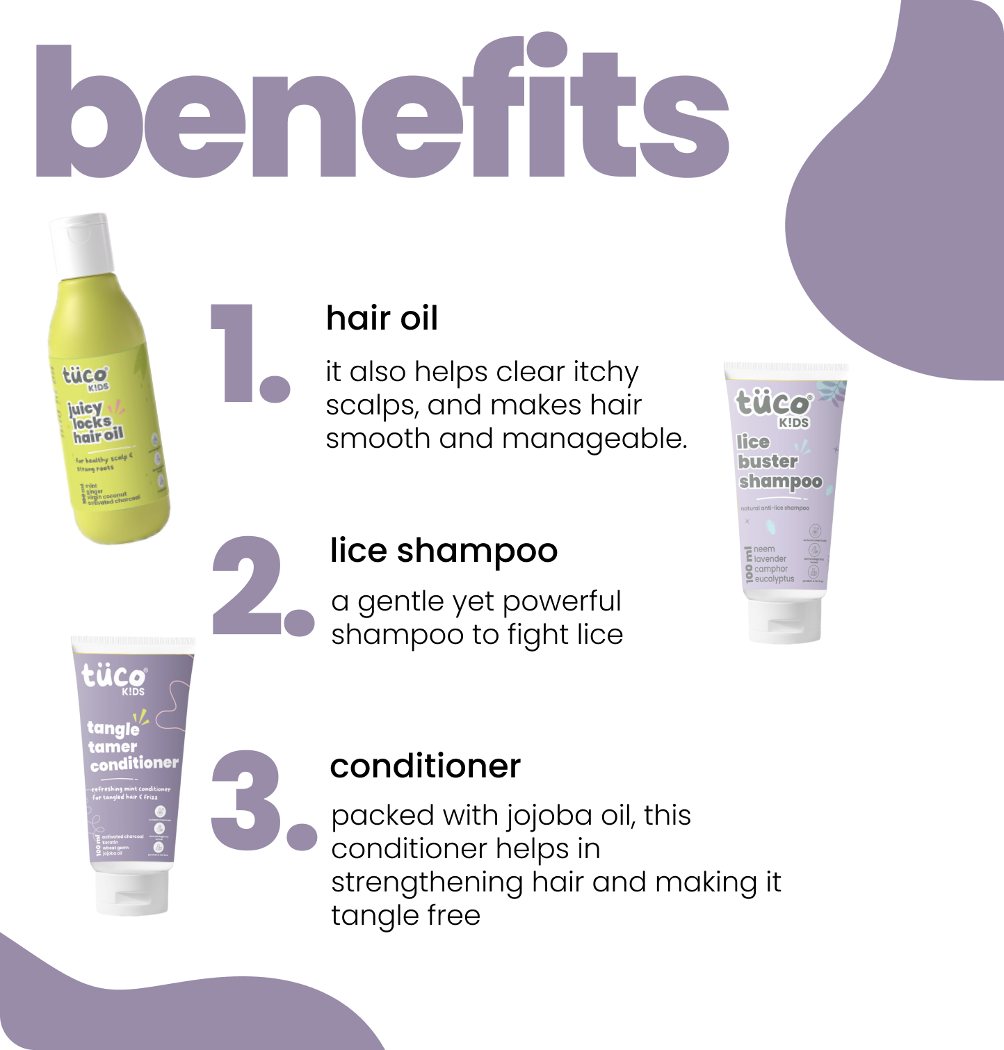 Lice Fighter Combo: Lice Shampoo 100ml + Hair Oil 100ml + Conditioner 100g — key ingredients | Tuco Kids