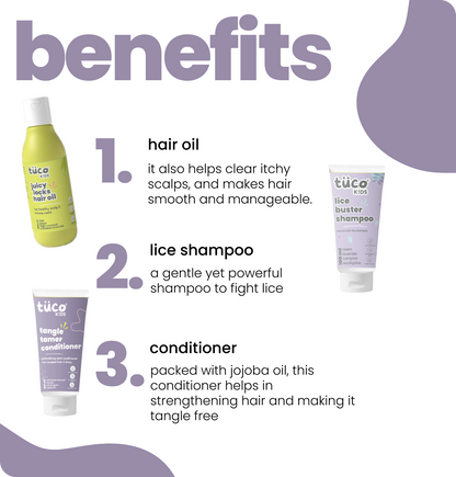 Lice Fighter Combo: Lice Shampoo 100ml + Hair Oil 100ml + Conditioner 100g — key ingredients | Tuco Kids