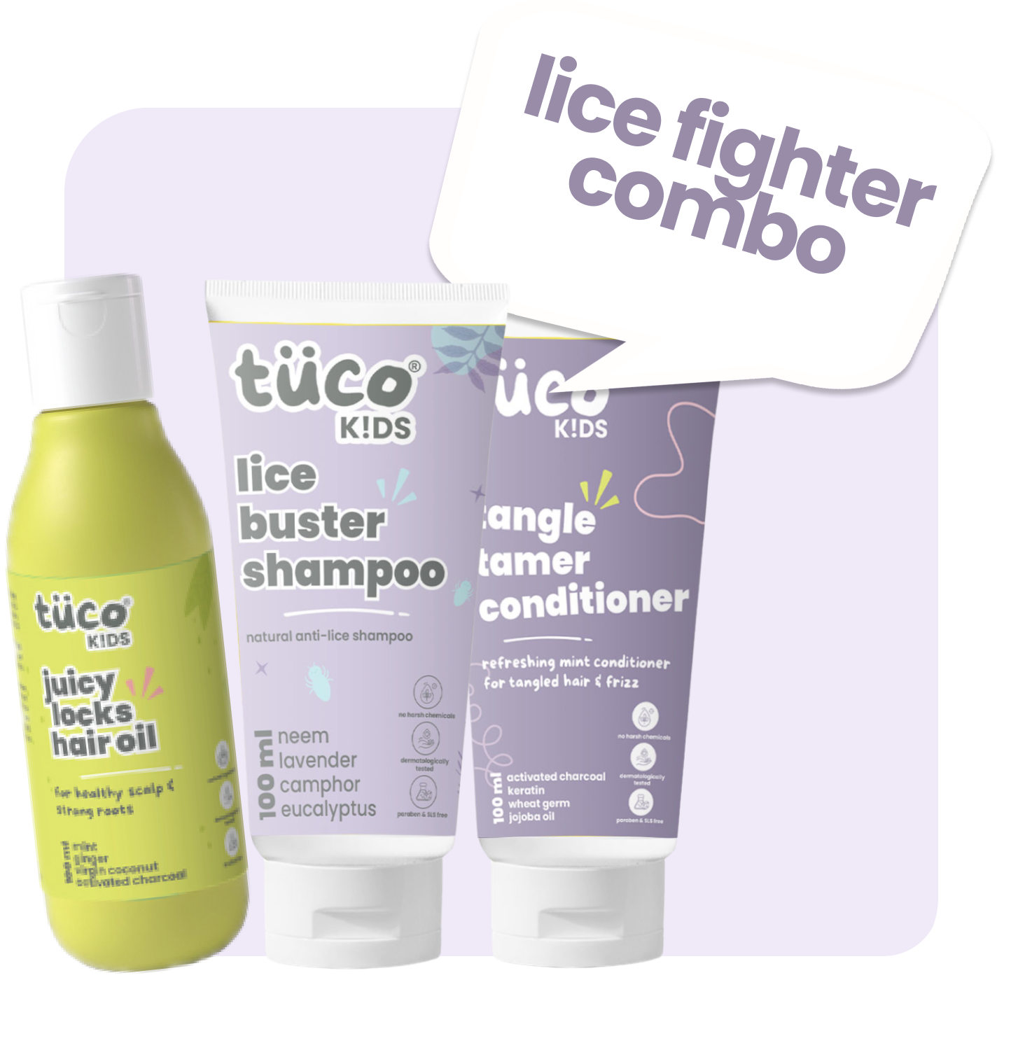 Lice Fighter Combo: Lice Shampoo 100ml + Hair Oil 100ml + Conditioner 100g — natural kids skincare | Tuco Kids