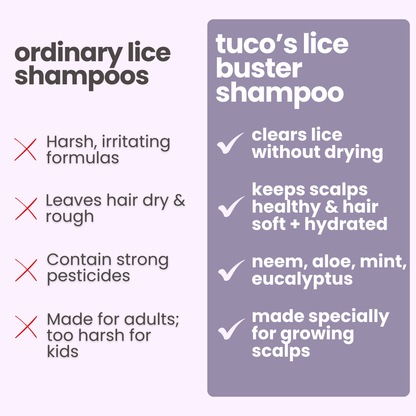 Tuco Kids lice shampoo for kids vs ordinary lice shampoos - gentle natural neem aloe formula for growing scalps