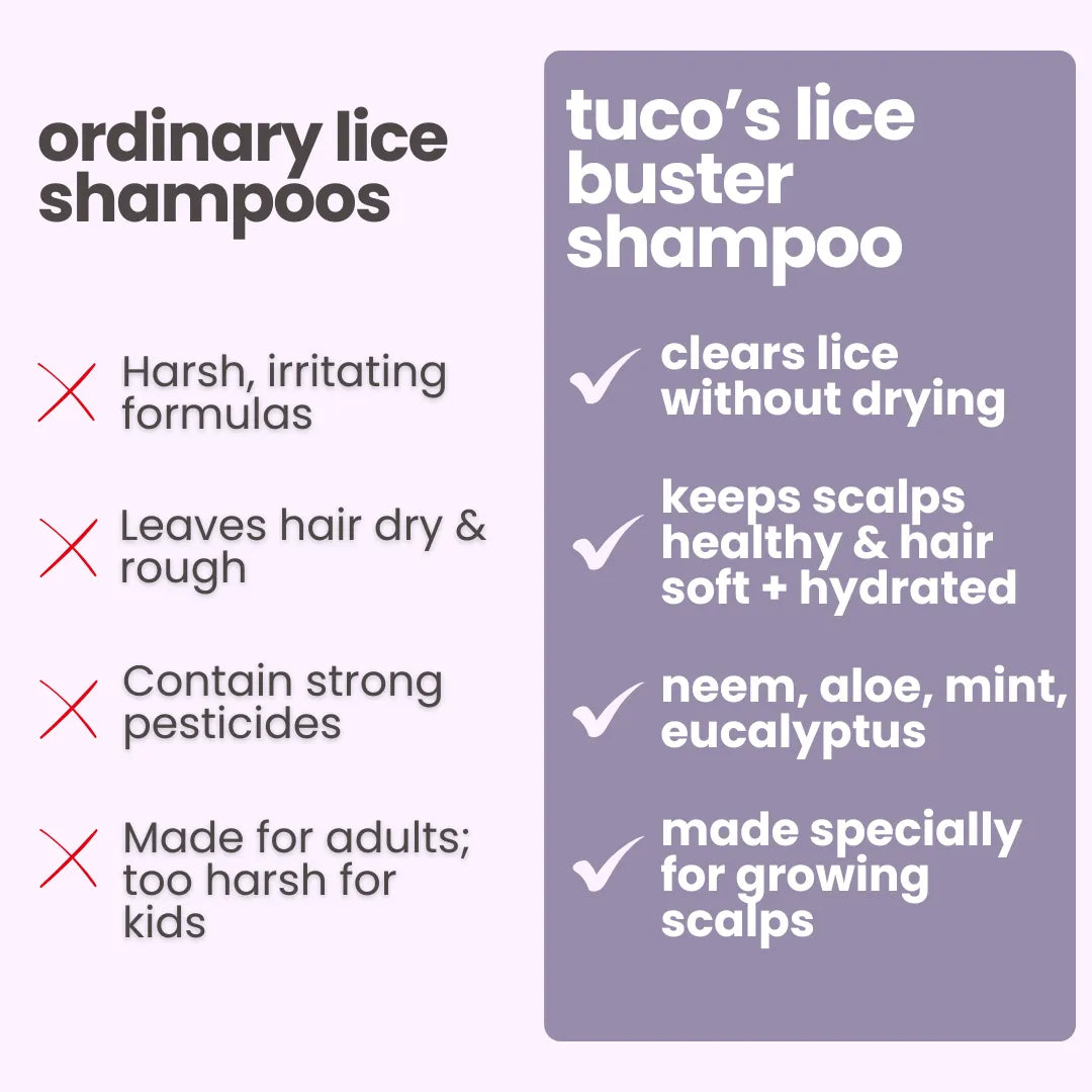Tuco Kids lice shampoo for kids vs ordinary lice shampoos - gentle neem aloe mint eucalyptus formula