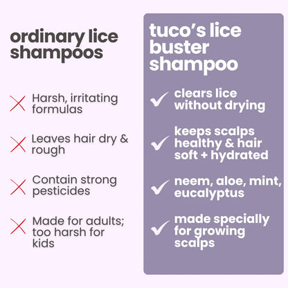Tuco Kids lice shampoo for kids vs ordinary lice shampoos - gentle neem aloe mint eucalyptus formula