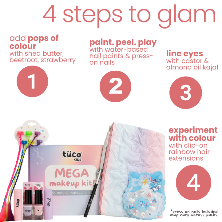 Beetroot & strawberry tints, peel-off nail polish and press-on nails, kiddy kajal, clip-on hair extensions and a cute travel-friendly, pouch