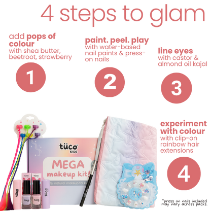 Beetroot & strawberry tints, peel-off nail polish and press-on nails, kiddy kajal, clip-on hair extensions and a cute travel-friendly, pouch