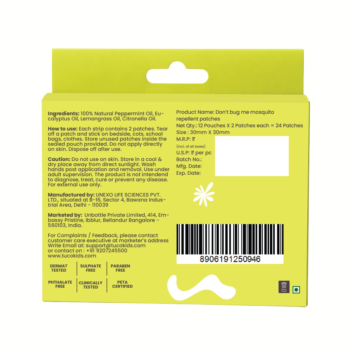 Don't Bug Me Patches (Pack of 24) — back of pack, ingredients & product details | Tuco Kids