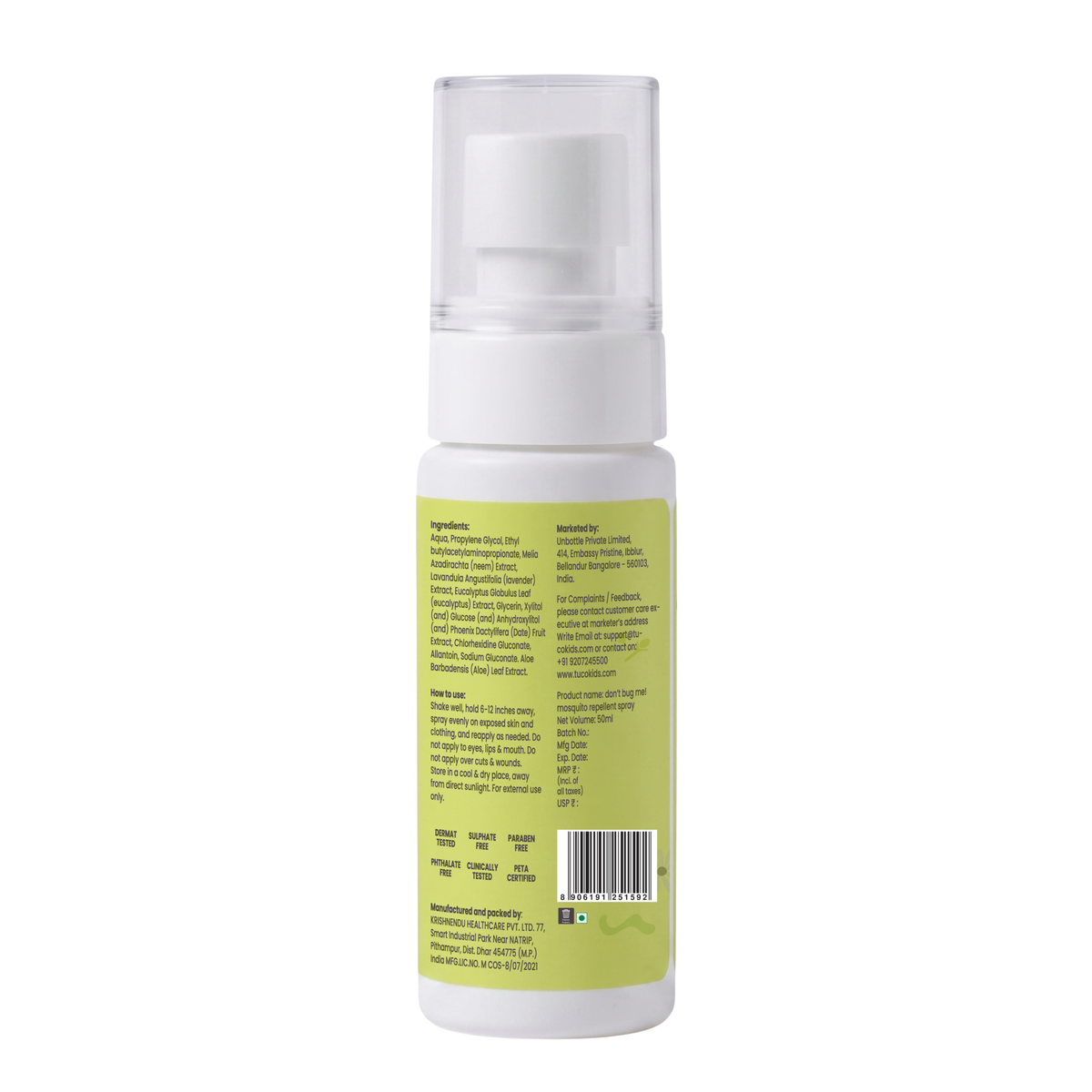 Natural Mosquito Repellent Spray (50ml) — back of pack, ingredients & product details | Tuco Kids