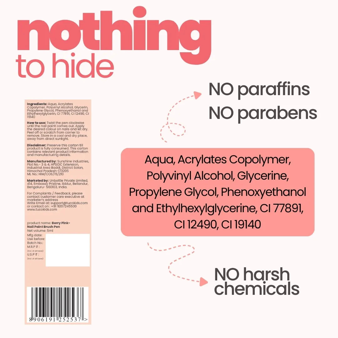 Nail Paint Brush Pen - Soft Peach — ingredients & nothing to hide label | Tuco Kids
