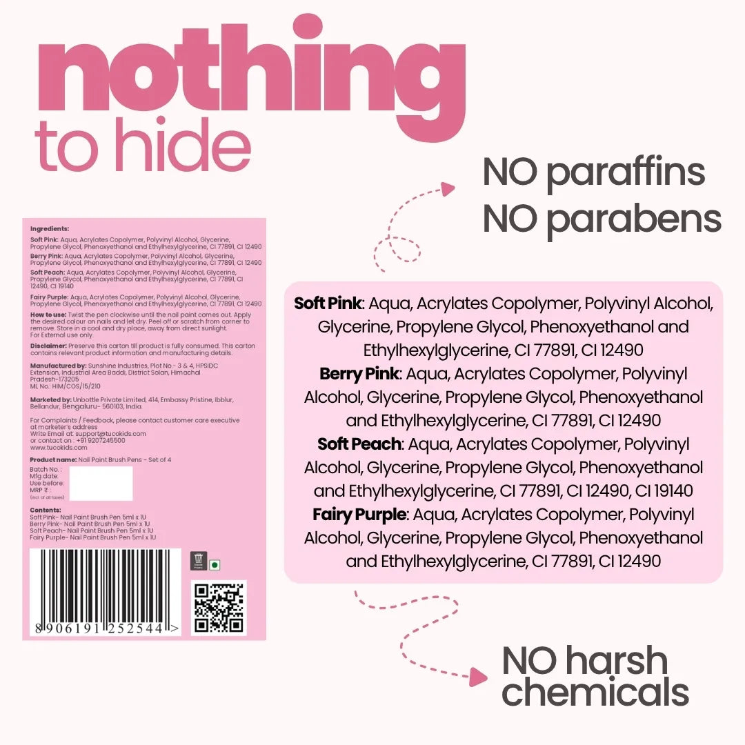 Nail Paint Brush Pens - Set of 4 — ingredients and nothing to hide label | Tuco Kids