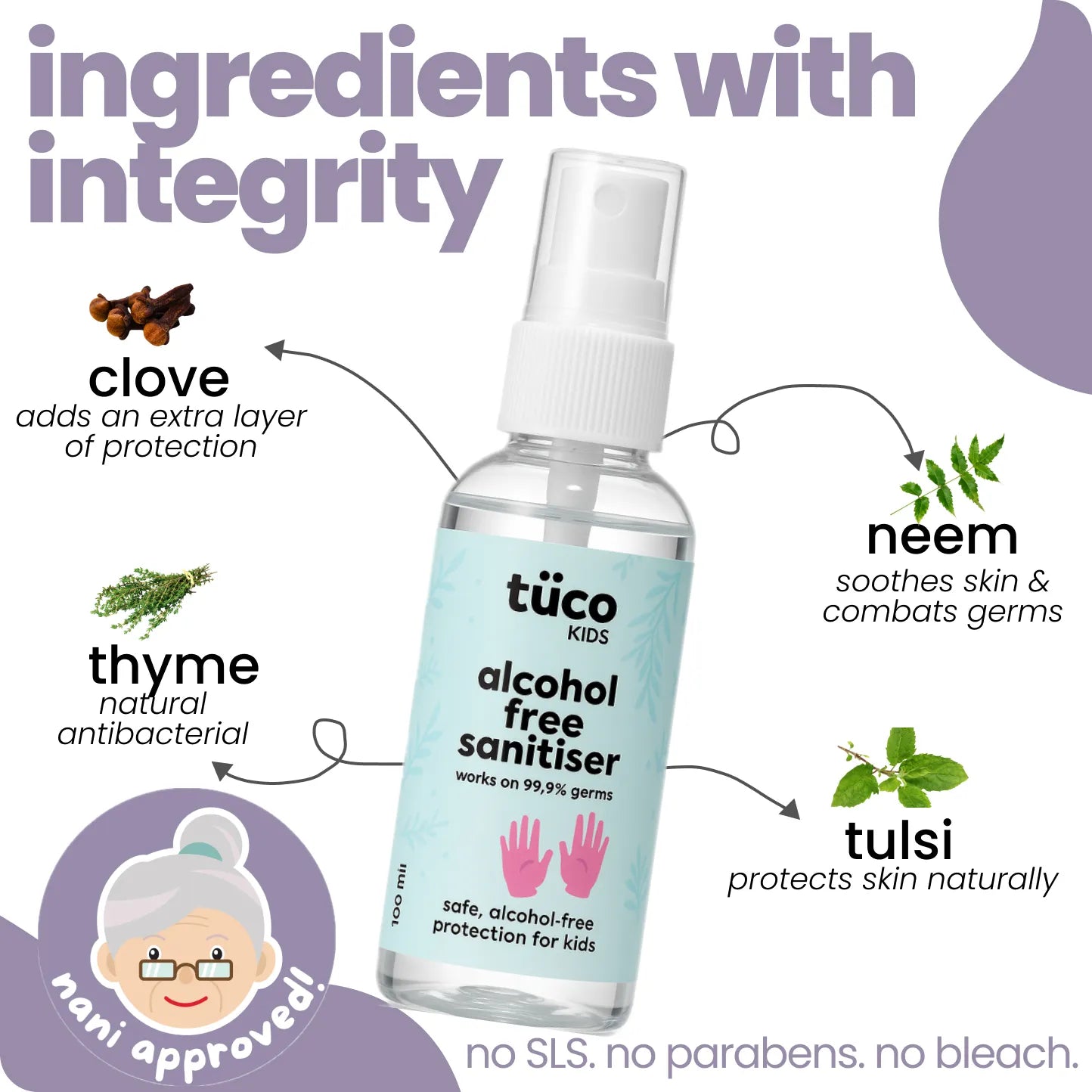 Natural ingredients in Tuco Kids alcohol-free sanitiser - clove, neem, thyme, tulsi, no SLS or parabens