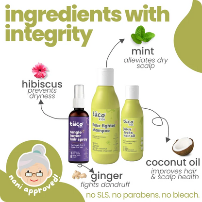 Natural ingredients in Tuco Kids anti dandruff kit - mint, hibiscus, ginger and coconut kids hair oil, no SLS