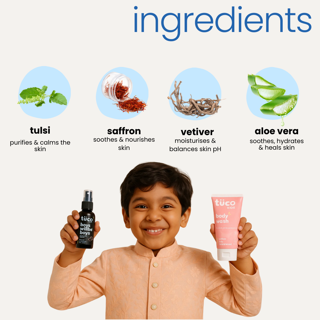 Natural ingredients in Tuco Kids boys gift set - tulsi, saffron, vetiver, aloe vera, no SLS, no parabens
