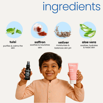 Natural ingredients in Tuco Kids boys gift set - tulsi, saffron, vetiver, aloe vera, no SLS, no parabens