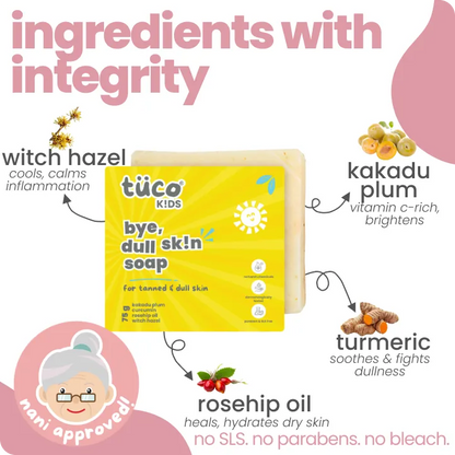 Natural ingredients in Tuco Kids bye dull skin soap – witch hazel, kakadu plum, turmeric and rosehip oil for kids patchy skin