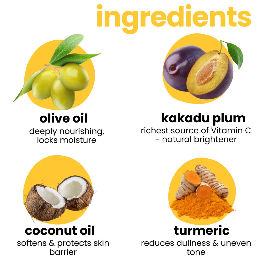 Natural ingredients in Tuco Kids dull skin soap – olive oil, kakadu plum, coconut oil and turmeric for brightening kids skin