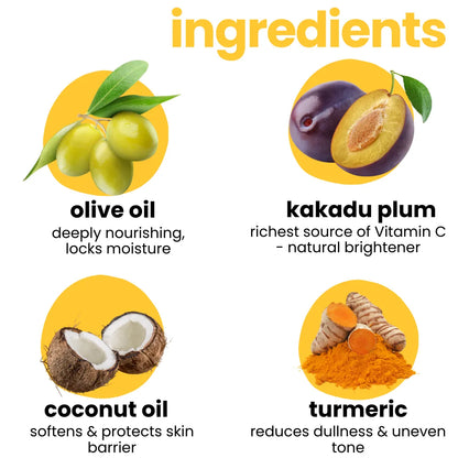 Natural ingredients in Tuco Kids dull skin soap – olive oil, kakadu plum, coconut oil and turmeric for brightening kids skin